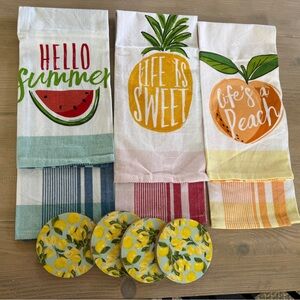 Set of 3 Summer Fruit Kitchen Towels with Lemon Coasters